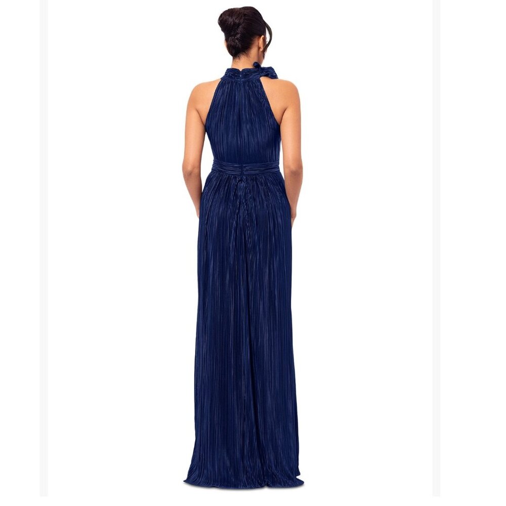 Betsy & Adam Navy Blue Pleated Halter Gown With Floral Neck Detail Size 6 - Picture 2 of 8